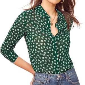 Reformation green floral “violet” blouse top button up collar size medium